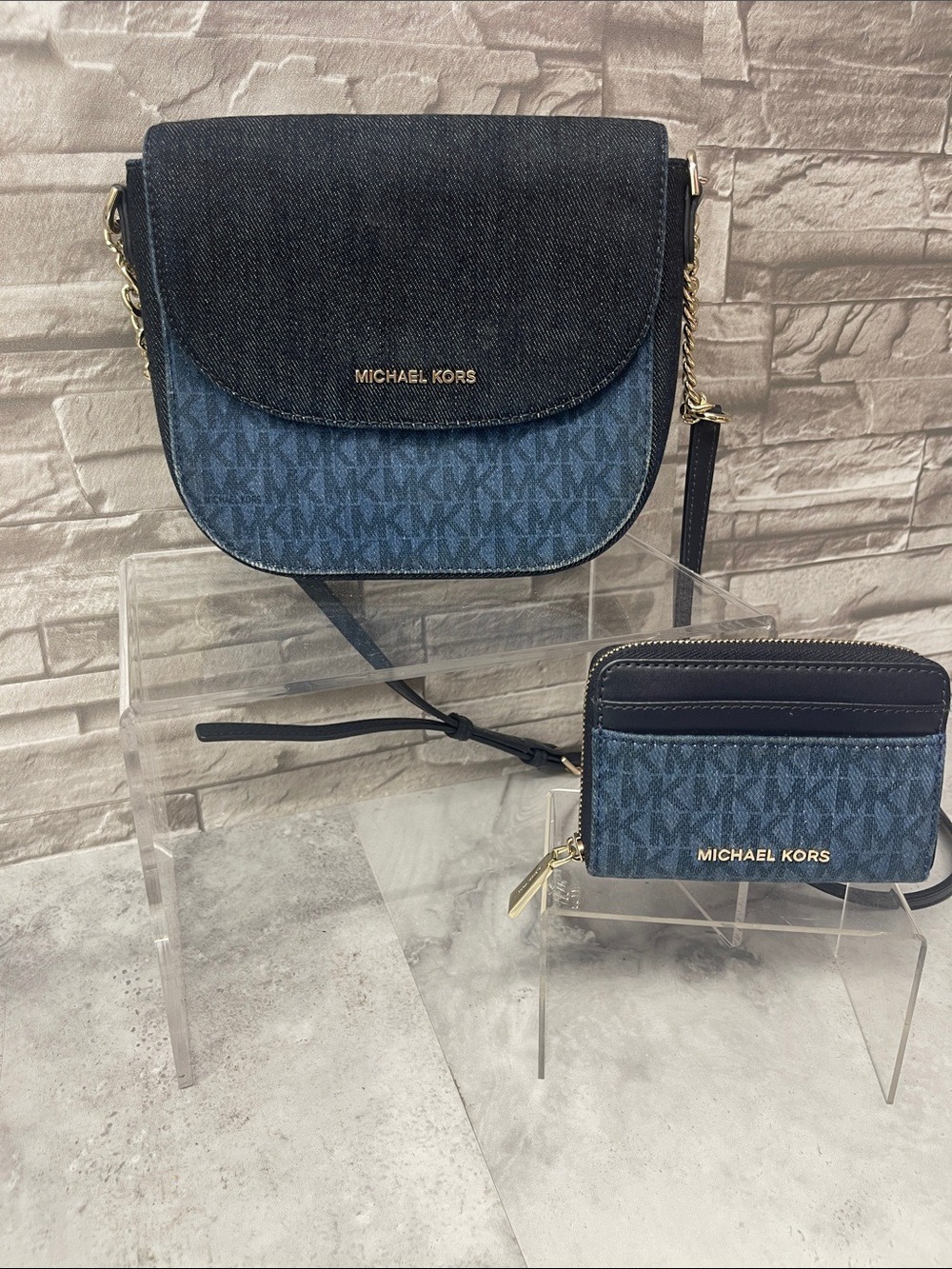 Michael Kors Blue Denim MK Jacquard Crossbody with Card Case